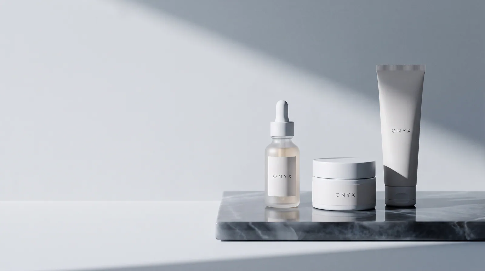 Onyx Skin Co. products arranged on polished stone